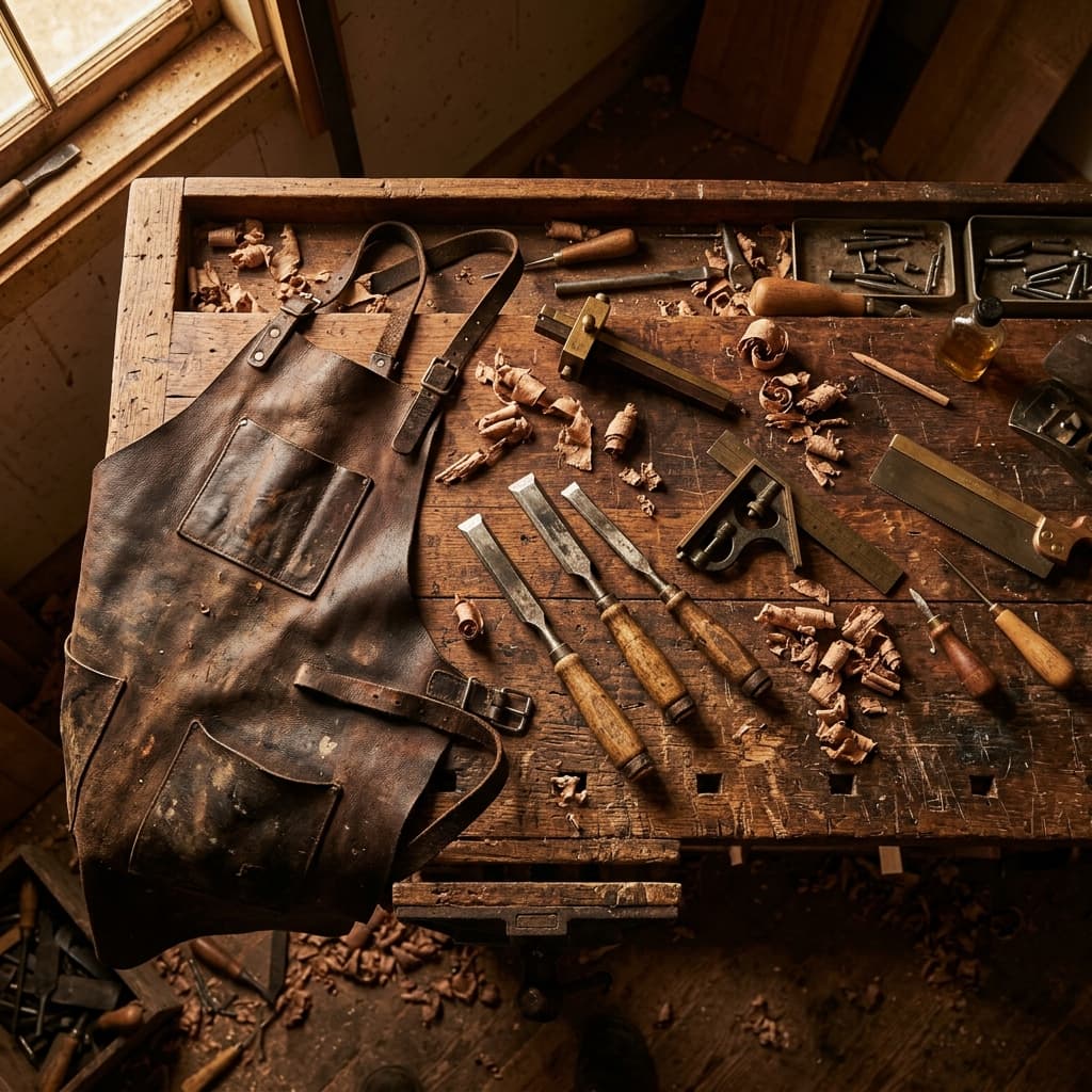 Master craftsman's workbench with tools and wood shavings
